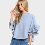 Pleated Ruffle Dolphin Round Neck Top