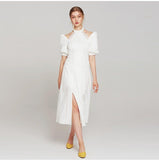 Elegant White Halter Lantern Sleeve Dress